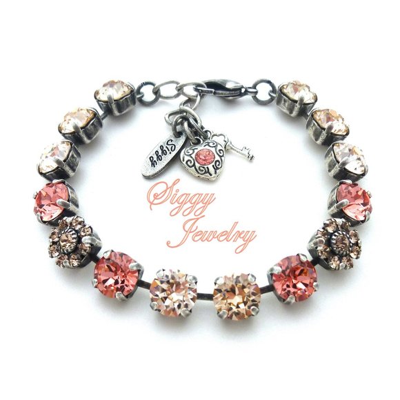 Austrian Crystal Tennis Bracelet with Flower Embellishments in Peachy Colors - Picture 7 of 8